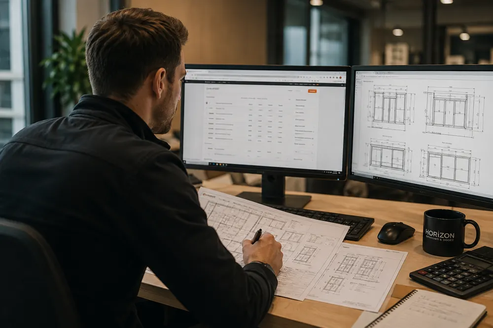 Estimator preparing a window and door quote from shop drawings on a dual-monitor desk